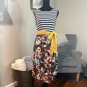 Striped and Floral Dress with Yellow Sash